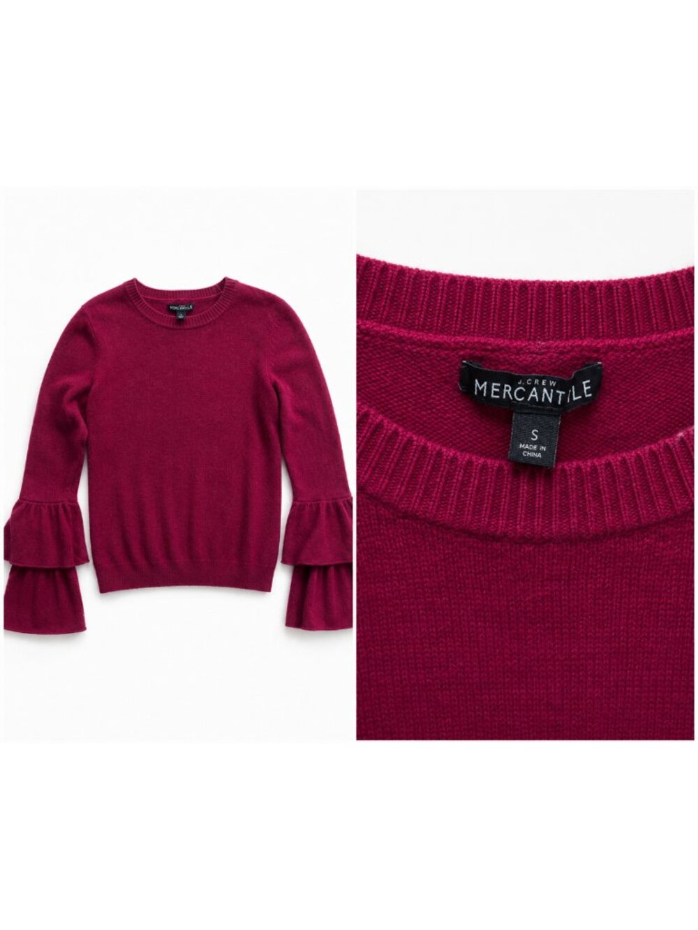 J.Crew Mercantile Burgundy Tiered Ruffle Bell Sleeve Sweater Small Cotton
